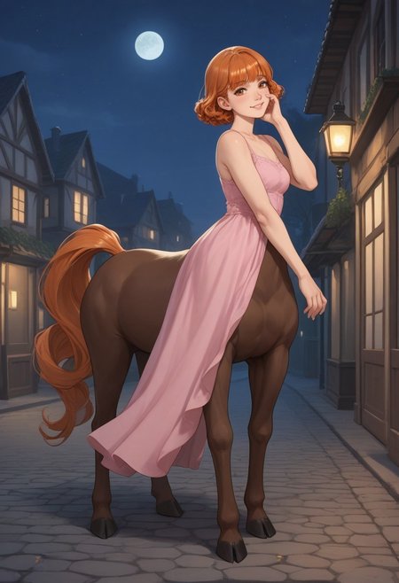 score_9,score_8_up,score_7_up,score_6_up,score_5_up,score_4_up, BREAK woman, centaur, solo, smile, village, night, hooves, orange horse tail, curly orange  hair, bangs, brown fur, pink dress, eyelashes, romantic, full body, hand on cheek