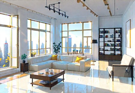 ((front view)), (Close-Up View), (Rule of Thirds), (Golden Ratio), ((animation style)), modern-style interior, white walls, ((large windows)), wooden floor, a  study, Sofa, coffee table, bookcase, single wall, 
warm light morning sun, (((City high-rise building scenery))), (((clear sky)))