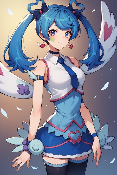 score_9,score_8_up,score_7_up,score_6_up,score_5_up,score_4_up, source_anime, aaangel, twintails, blue hair, hair bow, blue bow, blue eyes, facial mark, heart earrings, wings, heart, choker, blue necktie, sleeveless shirt, white shirt, arm strap, blue skirt, black thighhighs, <lora:blue_angel_XL_v1:0.8>, standing, cowboy shot, smile,