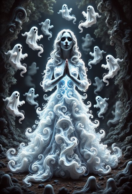 aidmafluxpro1.1, 
A pale woman is wearing a glowing dress made of ghosts. she has a pale skin, detailed blue eyes and red lipstick. She's praying to the idol of a dark cult. The scene is set in a dark twisted forest where swirly ghosts are flying around here.
masterpiece, best quality