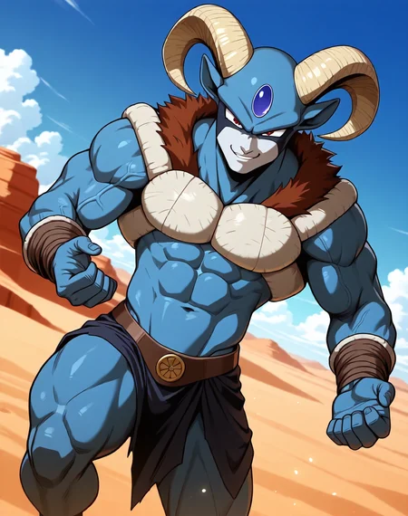 <lora:Moro_4th_Form_(Dragonball_Z)_(Illustrious)_(AD):1.5> Moro, muscular, goat,
dutch angle, exterior, desert, sky with detailed clouds,
male focus, gradient coloring, solo, cowboy shot, bent leg, perfect proportions, veiny muscles, blue body, large biceps, abs, soft shading, evil smirk, white chest armor, fur lined neckline, 
BREAK very awe, aesthetically pleasing, masterpiece, best quality, amazing quality, very aesthetic, perfect depth of field shot, in'ei, furry_art, source_furry, source_anime,
EZRealPONYXL, zPDXL, Smooth Quality, lazympos, IllustQualXL_Pos,