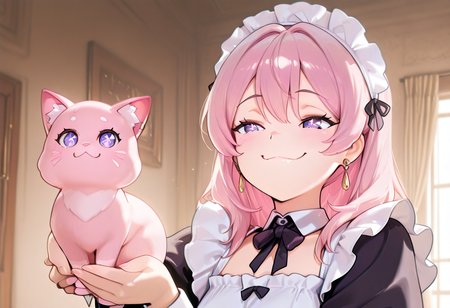 masterpiece, best quality, high quality, ultra detailed, highly detailed, 1girl, solo,  pink hair, purple eyes, sparkling eyes,  earrings, CivChan, maid dress, you can just give this kind of thing to men and they will be thrilled (meme), smug, holding a pink kitten,  upper body, <lora:you_can_just_give_this_kind_of_thing_to_men_and_they_will_be_thrilled_meme:1>, best quality, indoors,  girl's room
 <lora:hand 5.5:1><lora:CivChan:1> <lora:add-detail-xl:1>