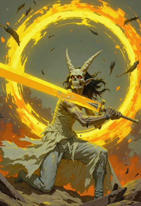 A vibrant shot of a biosynthetic humanoid woman wielding an unbelievably massive, glowing, neon  yellow orange sword more than twice her own size. She is a terribly beautiful yet expertly lethal creature. She swings the giant sword with finesse and grace, as if it were an extension of herself, gripping it confidently with her left hand. A biosynthetic humanoid designed to kill, yet when she swings her sword it is almost as graceful as a dance. She looks focused, yet subtly happy, in her element, as she beats back a grotesque, mutant, Lovecraftian foe emerging from the shadows. Her bright eyes are mesmerizingly beautiful synthetic creations, though an entirely unnatural color. She has the palest, white matte translucent ethereal synthetic skin, with soft diffused lighting, subtle light scattering, soft refractions, gentle highlight diffusion, muted reflections. She wears a long, tattered, battle worn, white dress with a high neck that fully covers her torso, chest, and arms, which flairs out, flowing around her as she spins. Backlighting creates a dramatic, neon, atmospheric glow, illuminating unknown elements and debris swirling in the air and emphasizing the sharp edges of her frightening visage, as the giant sword seems to cut right through the air itself. The scene is chilling, intense, and hauntingly beautiful. The color palette is muted, with vibrant, bright, contrasting, accent colors, including the glowing, giant, neon sword, and the effects it leaves in the air. <lora:ssw:0.5> giant sword, <lora:OBååå®èåç»V2.0:0.4> OBxiaoxiang,<lora:Classic_Anime_Colors:0.4> CAICO, <lora:FLUX-daubrez-DB4RZ:0.3> DB4RZ, DB4RZ style painting, A vibrant shot of a biosynthetic skeletal demon woman wielding an unbelievably massive, glowing, neon yellow orange sword more than twice her own size. She is a terribly beautiful yet expertly lethal creature. She swings the giant sword with finesse and grace, as if it were an extension of herself, gripping it confidently with her left hand. A creature designed to kill, yet when she swings her sword it is almost as graceful as a dance. She looks focused, yet subtly happy, in her element. Her bright eyes are mesmerizingly beautiful synthetic creations, though an entirely unnatural color. She has the palest, white matte translucent ethereal synthetic skin, with soft diffused lighting, subtle light scattering, soft refractions, gentle highlight diffusion, muted reflections. She wears a long, tattered, battle worn, white dress with a high neck that fully covers her torso, chest, and arms, which flairs out, flowing around her as she spins. Backlighting creates a dramatic, neon, atmospheric glow, illuminating unknown elements and debris swirling in the air and emphasizing the sharp edges of her frightening visage, as the giant sword seems to cut right through the air itself. Behind her, there is a large neon yellow orange ring, and some black and orange smoke rising up from below. The ground is rocky. The scene is chilling, intense, and hauntingly beautiful. The color palette is muted, with vibrant, bright, contrasting, accent colors, including the glowing, giant, neon sword, and the effects it leaves in the air. <lora:ssw:0.5> giant sword, <lora:OBååå®èåç»V2.0:0.4> OBxiaoxiang,<lora:Classic_Anime_Colors:0.4> CAICO, <lora:FLUX-daubrez-DB4RZ:0.3> DB4RZ, DB4RZ style painting