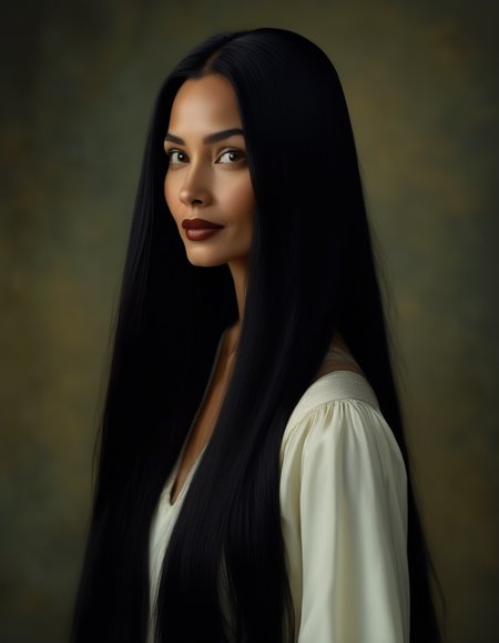 A regal portrait of a woman with long, straight black hair flowing down her back, her oval face serene and composed, her dark eyes filled with wisdom, her lips set in a calm, knowing smile as she gazes into the distance. <lora:usual-portrait-v2:1>