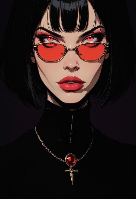 Stylized digital portrait of a vampire lord 1boy 1man nosferatu with fair skin and short, dark hair. The subject is wearing red-tinted sunglasses, a black elegant robes. They have a confident expression with slightly parted lips and a relaxed posture. The background is a solid, vibrant red, which contrasts with the subject's attire. The person is accessorized with gold jewelry, including a necklace with a pendant, The overall composition is bold and striking, with a focus on the subject's face and upper body. easynegative, sinozick style, flat color, dark theme, g4n1m3