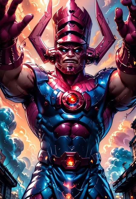 score_9, score_8_up, score_8, score_7_up, score_7, rating_safe, 1man, size difference, super scale, in the heavens, sky being, 
An anime-style, comic-inspired illustration capturing the head of Galactus looming ominously in the sky above a sprawling modern city skyline at dusk. Towering skyscrapers are dwarfed by his colossal presence, with swirling clouds and a dark, brooding color palette emphasizing the sheer scale and power of this cosmic entity. The mood is foreboding and filled with dread, as the citizens below witness Galactus’s massive, otherworldly form dominating the horizon in dramatic detail