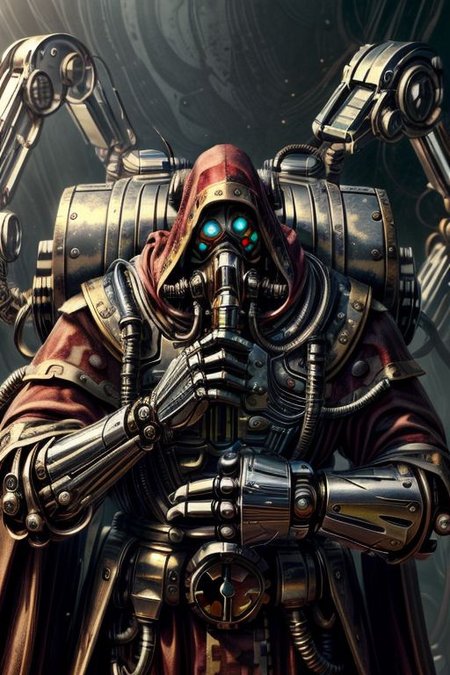 ((masterpiece,best quality)), absurdres, BREAK
mechanical arms, robes, hood, BREAK
((techpriest)), cyborg, mechanical face, mechanical limbs, gas mask, mechanical tentacles, (mechanical backpack), blue cloak, BREAK
1other, solo, holding gun, weapon, gun, firearm, BREAK
(chrometech ),