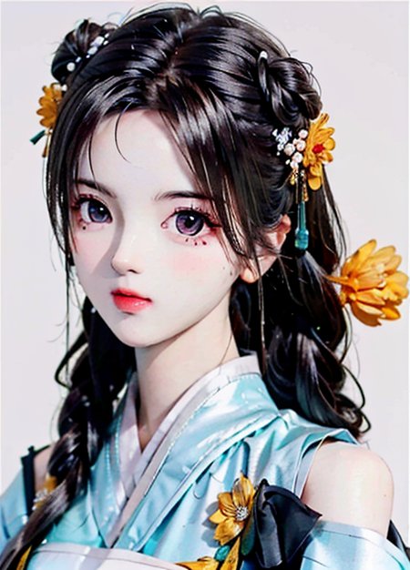(ultra high res,photorealistic,realistic,best quality,photo-realistic),
(high detailed skin,visible pores),(real person,photograph),
(((white  gold hanfu,chinese style))),realistic,simple background,upper body,
(8k, raw photo, best quality, masterpiece),(1 girl),photon mapping, radiosity, physically-based rendering,automatic white balance,(((long hair))),watery eyes,
(blush|cute and playful|adorable|skinny|thick bangs|beauty|twintail|hair bun,),(looking at viewer),(irises and pupils are rounded,the pupil reflects the surroundings,eyes are not the same size),<lora:Moxin_10 (1):0.5> , double ponytail hair,  <lora:Yangchaoyue_V1:1>, pink flower, yellow flower,