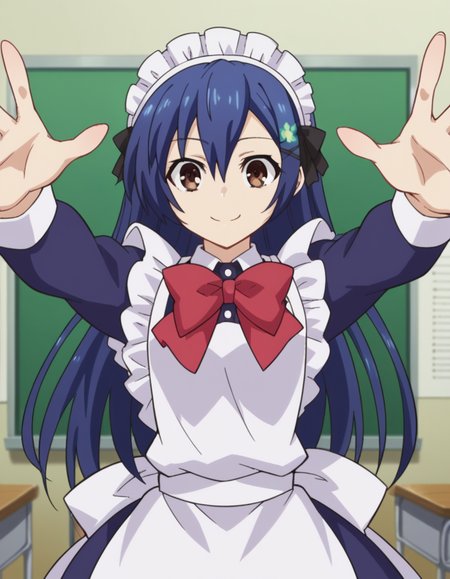 score_9, score_8_up, score_7_up, source_anime, <lora:shiori-itsuka-s2-ponyxl-lora-nochekaiser:1>, shiori itsuka, long hair, hair ornament, brown eyes, blue hair, hairclip, otoko no ko,, long sleeves, dress, bow, frills, bowtie, apron, red bow, maid, maid headdress, crossdressing, enmaided, school, classrooms, students, teachers, learning, smile, on back, arm support, arms up, incoming hug, pov, reaching, reaching towards viewer,, looking at viewer, solo,, dutch angle, cowboy shot