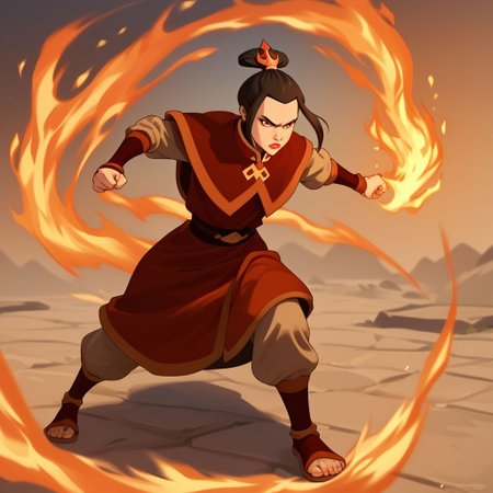 score_9, score_8_up, score_7_up, score_6_up, score_5_up, score_4_up, rating_safe, 1girl, Azula, fighting stance, surrounded by fire