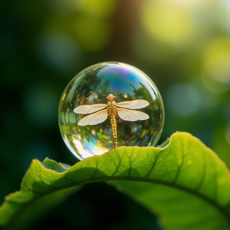 Improved cinematic photo, 35mm photograph, film, professional, 4k, highly detailed, aidmaMJ6.1,
A crystal-clear droplet of water encasing a golden mechanical dragonfly,
The droplet is perfectly round, glistening with a soft iridescent sheen as sunlight refracts through it, casting tiny rainbows on its surroundings. Inside the droplet, a golden mechanical dragonfly is frozen mid-flight, its wings delicately detailed with intricate filigree and shimmering with a faint, metallic glow. The dragonfly’s eyes are tiny, glowing orbs, and its body is composed of gears and micro-cogs that seem ready to whir to life.
The droplet rests precariously on the tip of a vivid green leaf, surrounded by a blurred background of lush forest greens and soft golden light. The scene exudes a serene yet surreal energy, combining the fragile beauty of nature with the precision and elegance of intricate machinery.
