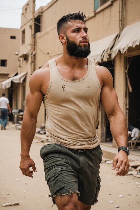 movement, bara, buff, thicc, muscular, 20yo, tank top, iraqi, scruffy, shabggy, cinematic, dramatic, stunning photo, tanned, candid, tough guy, walking, (side view:0.2)