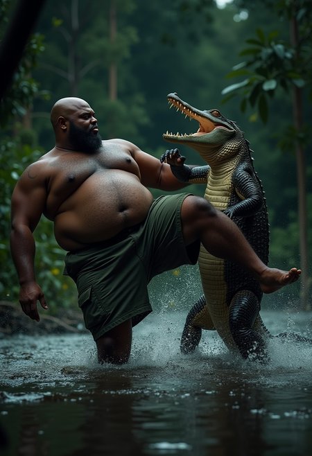 A really fat bald African-American man wearing fatigue shorts, ((fighting an alligator)), ((Roundhouse kick to the snout)), swamp setting, night-time, water splash, dark skin, beard, cinematic lighting, gator flying back from kick, (((((KICK))))),
Photorealistic, Masterpiece, 4k, Highest Quality, Realistic,