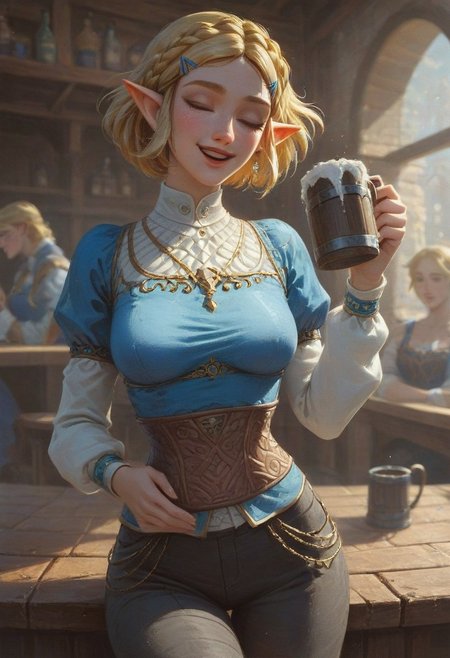 1dk, 30yo woman, 1girl,
blue shirt, black pants, hairclips, princess zelda, blonde hair, short hair, green eyes,
medium breasts, 
on a medieval tavern, tavern,
(laughing, closed eyes, drinking ale, drinking ale from a mug,)
score_9, score_8_up, score_7_up, 8k,
very detailed, high detailed texture, depth of field, cinematic illumination, volumetric lighting, rating_questionable, dark,