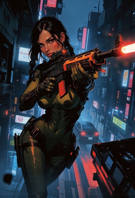 magnificent, closeup portrait, female bounty hunter, braided black hair, futuristic armor, halo spartan, spartan armor, sexy, curvy, large breasts, large ass, aiming a sniper rifle, sniper rifle, aiming rifle, holstered pistol, Cyberpunk City, Neon Lights, foreshortening,
solo, Dynamic angle, unique angle, 
Cowboy Shot, close up, from above,
