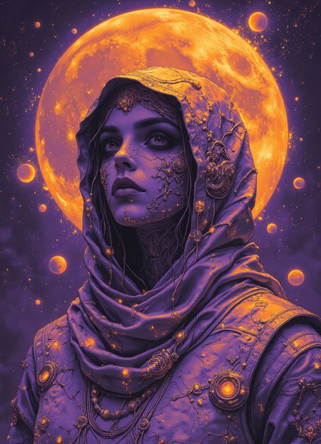 <lora:flux\aidmaMJ6.1-FLUX-v0.4:0.5>aidmaMJ6.1,  lunar priestess woman, moon phases, silver robes, celestial symbols. (Glowing veins or circuitry patterns. orange and purple monochromatic palette style.:1.2)
