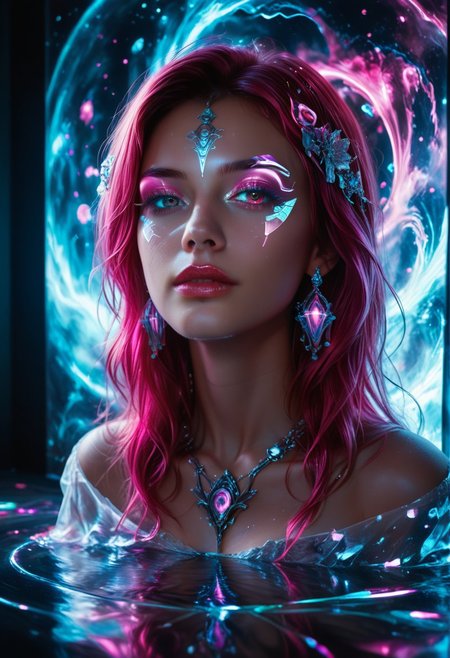 masterpiece, best quality, highres, realistic, 
score_9, score_8_up, score_7_up, 
Digital art, illustration, close-up.  Face of a beautiful woman. Reflection in the eyes shows a fantasy world. Surrealism and digital manipulation.  Concept art, painting, imaginative worlds, digital illustration, surreal composition, vibrant colors, dynamic dramatic atmosphere, dynamic cinematic colors, flowing, best, unique, fracolor, g0thicPXL, glowing, neon, full body view