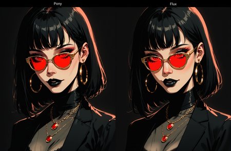 score_9, score_8_up, score_7_up, score_6_up,Stylized digital portrait of a woman with fair skin and short, dark hair. The subject is wearing red-tinted sunglasses with round skinny gold rims glass, a gray shirt, and a black blazer. They have a confident expression with black lipstick and a relaxed posture. The background is a solid black, vibrant red, which contrasts with the subject's attire. The person is accessorized with gold jewelry, including a necklace with a pendant and small hoop earrings. The overall composition is bold and striking, with a focus on the subject's face and upper body. easynegative, sinozick style, flat color, dark theme, g4n1m3<lora:Pony\Sinozick_Style_XL_Pony.safetensors:0.4:0.4> <lora:Pony\g4n1m3XLP.safetensors:0.37:0.37>