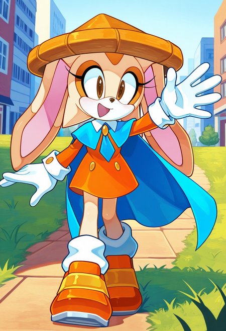 1girl, solo, <lora:Candleyy:1> , standing, one hand waving, joyful laugh, bright expression, carefree energy,
<lora:Jewel-IL:0.8> blue cape,Cream the rabbit, 1girl, solo, anthro, furry, female, furry female,animal nose,
orange dress, blue necktie, orange and yellow_shoes, white socks, white gloves, gold buttons, white collar,orange shoes
, capelet,  felt hat, extremely detailed, highres, masterpiece, best quality, outdoor, grass, sean, walking, city, early morning,