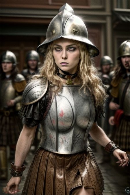 (hyperrealistic photograph:1), transforming into a blond werewolf, warm volumetric lighting, dynamic dramatic pose, running, dashing,1girl, fierce beautiful guard in a brass breastplate and skirt, lupine features, lupine blond hair, wide brimmed conquistador helmet, gaunt face, pale-skin, spooky golden wolf eyes, feminie figure, cleavage, detailed background, fFaceDetail, ((wearing leather collar, small round brass id tag hanging from choker)),