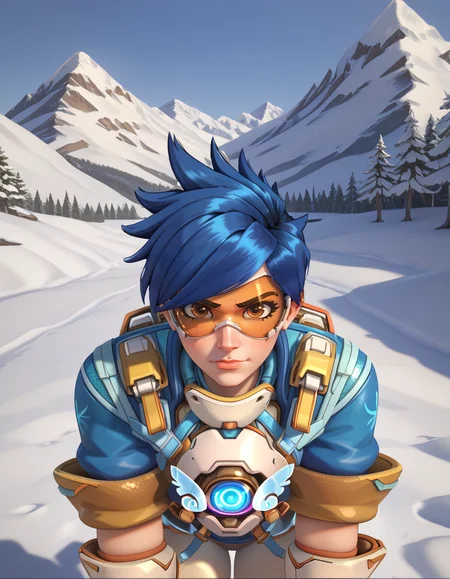 Masterpiece, high-res, 2k, best quality, 2.5d, 1girl, hero of heart, tracer (overwatch) , googles, harness, <lora:Hero_of_Heart_Tracer_Pony-000043:1> Alluring Eye Contact: Hold the camera's gaze with a confident and seductive look drawing the viewer into your world. This pose exudes mystery and allure., Snow-covered mountains in the winter
