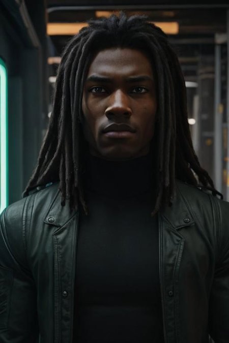 black male, mature, dark skin, strong, muscle, powerful, strong jaw, masculine, heavy set, tall, dark hair, long hair, long dreadlocks, stern, mean, ((detailed skin+face+nose)), details, wrinkles, high-definition, (((8k HDR))), masterpiece, best quality, ultra-realistic, cyberpunk full clothing, military, military theme, (wearing green fatigues+shirt), cyberpunk military, cyberpunk neon room, bright neon room, various perspectives, near, closer, close up, clothing, expressive, exaggerate, matching eyes