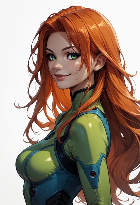 PonyXLV6_Scores BREAK  MiskyPie, 1girl, animification, blue eyes, bodysuit, breasts, from side, green bodysuit, green eyes, lips, long hair, looking at viewer, multicolored hair, orange hair, red hair, simple background, smile, solo, upper body, white background, cinematic angle, cinematic lighting, source_anime,