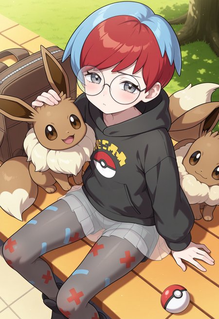 masterpiece, best quality, amazing quality, 1girl, penny_\(pokemon\), short hair, bangs, blue hair, red hair, multicolored hair, two-tone hair, round glasses, grey eyes,long sleeves, black hoodie, brown bag, hood down, poke ball print,transparent skirt, pantyhose, see-through skirt, shorts, shorts under skirt, grey pantyhose, looking at viewer, pokemon (creature), eevee, head pat, sitting, from above,

Outdoors, school,
absurdres, volumetric lighting, high res, very aesthetic, anime coloring, sunrise stance, 