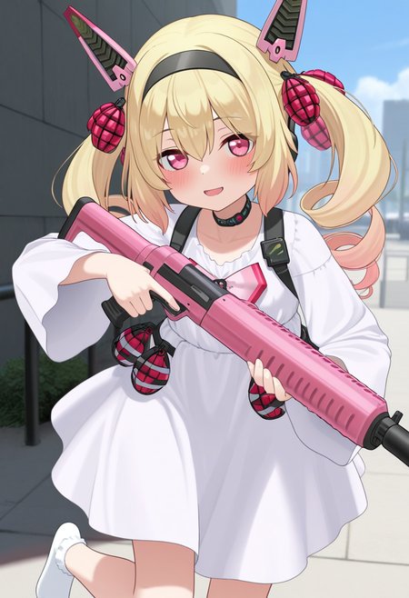 ikinone_tomeru, blonde hair, twintails, hairband, multicolored hair, black hairband, hair ribbon, pink eyes, long hair, gradient hair, headgear, hair between eyes ,drill hair, mechanical ears, 
choker, white dress,ong sleeves, grenade, bow, ribbon, official alternate costume, white socks, no shoes,
holding pink weapon, 
 <lora:ikinone_tomeru_Illustrious-XL_2.0_v1:1>, IllusP0s,masterpiece, best quality, amazing quality, very aesthetic, absurdres, newest
solo,1girl,, standing, (dynamic pose) , blush,open mouth,light smile, 
looking at viewer,(upper body, close-up),cowboy shot, upper body, 
(outdoors, )