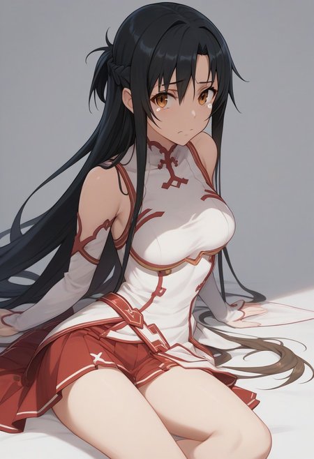 score_9, score_8_up, score_8, score_7_up, score_7.
simple background.
1girl, Asuna from sword art online, black hair, white clothes, red skirt, sexy thigh. one-handed rapier. stare at viewer, tears.
