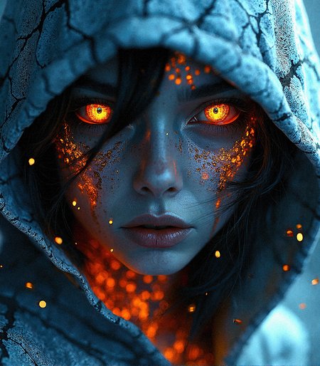  a hyper-realistic close-up of a female character with glowing, ember-like eyes that burn with an intense inner fire. Her skin is a cold, translucent blue, contrasted with intricate cracks and fissures that glow with molten orange and red hues, suggesting that she is a fusion of ice and fire. Her face should have a photorealistic texture, showing fine skin details, with subtle reflections of the fiery glow on her lips and cheeks. The image should capture the intensity of her gaze, with wisps of hair framing her face, illuminated by the fiery light. She is wearing a hoodie with cracked pattern. The hoodie catch on fire.

The background should be soft and blurred, allowing the viewer to focus entirely on the intricate details of her face. Use dynamic lighting to accentuate the contrast between the cool blue skin and the hot, glowing cracks. This character should evoke a sense of power and mystery, as if she is a supernatural entity or a being in the midst of transformation. Add subtle details like faint embers or sparks around her, enhancing the illusion that she is emanating heat and light from within.

Hood partially obscuring her face, casting shadows that enhance the contrast between her glowing eyes and dark background.

