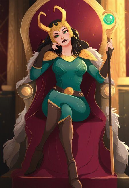 MSMLN, masterpiece, best quality, absurdres, highres, high quality, highly detailed,
1girl, solo, ldylki, long hair, green eyes, horned helmet, hair ornament, looking at viewer, head tilt,
breasts,
fur trim, cape, necklace, bodysuit, armor, shoulder pads, belt, fingerless gloves, nail polish, high heel boots,
dynamic angle,
sitting, crossed legs, sitting on throne, holding staff, magic,
indoors, depth of field, cinematic, palace, throne room, light rays, light particles,
 <lora:Lady LokiilluLoRA:0.9>
