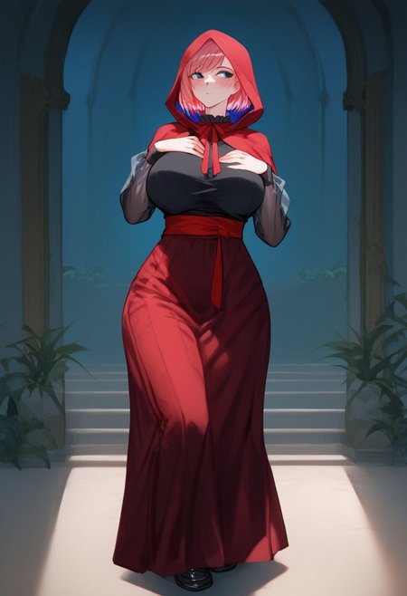 (score_9, score_8_up, score_7_up, high quality, best quality, ultra-detailed, very aesthetic, illustration, perfect composition, intricate details, absurdres, high res image, masterpiece, vibrant colors, beautiful face, detailed face, 1girl, solo focus, perfect eyes, detailed eyeshand, perfect hands), female, pink hair, medium hair, bob cut, swept bangs,  blue eyes, pale skin, thick thighs, perfect body, voluptuous, huge breasts, curvy body, narrow-waisted, wide hips, (luiThird, red hood, hooded cloak, black shirt, frilled collar, long sleeves, see-through sleeves, neck ribbon, long skirt, high-waist skirt, red skirt, cross-laced side slit, red sash, grey socks, black footwear, loafers), (blushing, looking away, hand on chest), (indoors, bedroom)