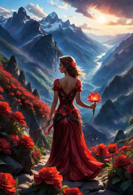 butifl girl, the scarlet flower glows, mountains, magical light,