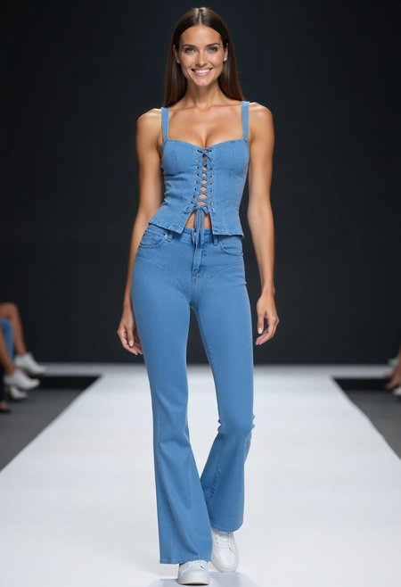 beautiful young woman, small round breasts, seductive smile, perfect makup, clo020, Full-body shot of a woman wearing a mid-blue wash corset-style denim top with lace-up front, high-waisted flared jeans, modern styled white sneakers posing on a catwalk