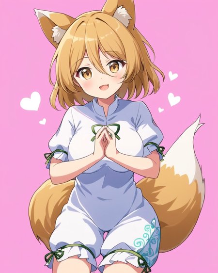 kudamaki tsukasa,1girl, solo, fox_tail, pink_background, romper, green_ribbon, simple_background, heart_hands, open_mouth, short_sleeves, looking_at_viewer, white_socks, smile, mandarin_collar, seiza, bow, fox_girl, signature, puffy_sleeves, breasts
<lora:kudamaki_tsukasa_image1939_2023-12-20-000014:1>,star-shaped_pupils,symbol-shaped_pupils,. gorgeous,key visual, vibrant, studio anime,award-winning, professional, highly detailed,high budget, cinemascope