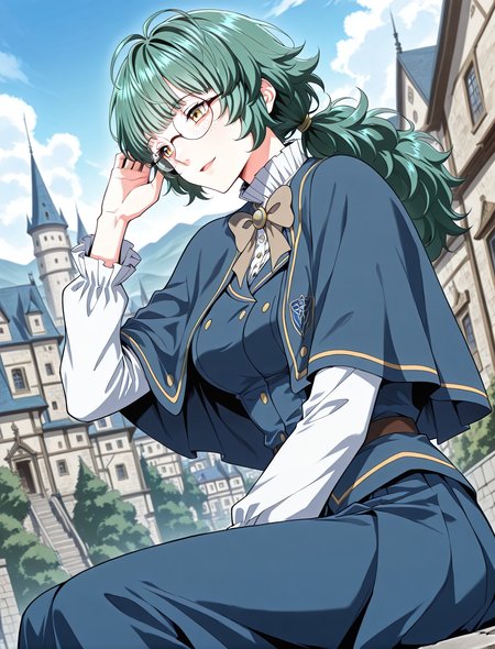 <lora:Emily_Watsken__The_Beginning_After_the_End__Illustrious:1>
1 girl, solo, yellow eyes, green hair, ahoge, low ponytail, bangs, long hair, messy hair, freckles,
uniform, white shirt, long sleeves, frilled sleeves, blue skirt, blue capelet, brown bowtie, glasses, round eyewear, blue jacket
score_9, score_8_up, score_7_up, very aesthetic, source_anime, detailed, high quality, beautiful, masterpiece, detailed eyes, castle, village, blurry background, cityscape, pose dynamic angle, light smile, open mouth, hand on hair, sitting, <lora:iLLMythG0thicL1nes:1>