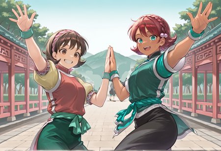 1girl, dark skin, aqua eyes, short hair, red hair, braid, hair ornament, chinese clothes, short sleeves, wristcuffs, loincloth, sash, pants <lora:Lyan_Eiyuden_illus:0.8>, masterpiece, best quality, amazing quality, very aesthetic, absurdres, highres, newest