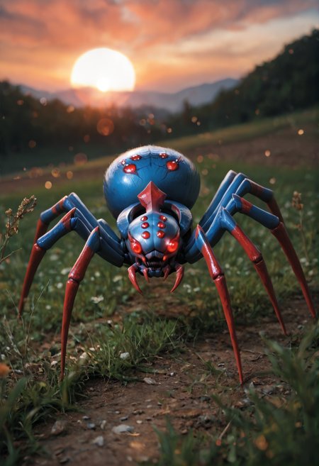 no humans, monster,
pokemon (creature), spider,
extra eyes, glowing eyes, red eyes,, <lora:broodmother_spider_v1:1> broodmother_spider_v1,, score_9, score_8_up, score_7_up, score_6_up, derpibooru_p_95, solo
detailed eyes, beautiful, detailed background, perfect eyes,
blur censor, blurry, blurry background, blurry foreground, bokeh, motion blur,
chromatic aberration, depth of field, figure, focused,  focus
photography, realistic sun light and shadows, photorealism, UHD --ar 9:16 --style raw --stylize 700
medium long short , bashful , Weight shift pose,, cozy farm set in vintage tractor in field Crimson Sky: blood-red, sunset, pollution, fire, intensity