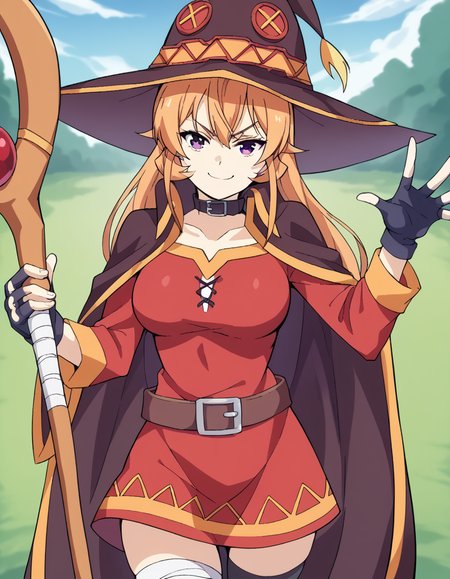 score_9, score_8_up, score_7_up, source_anime, <lora:erina-nakiri-s1-ponyxl-lora-nochekaiser:1>, erina nakiri, long hair, orange hair, purple eyes, hair between eyes, large breasts, <lora:megumin-cosplay-ponyxl-lora-nochekaiser:1>, megumin cosplay, megumin (cosplay), thighhighs, gloves, hat, dress, black gloves, belt, black thighhighs, fingerless gloves, cape, collar, witch hat, bandages, red dress, single thighhigh, asymmetrical legwear, bandaged leg,, staff, holding staff, smug, outdoors, looking at viewer, cowboy shot,