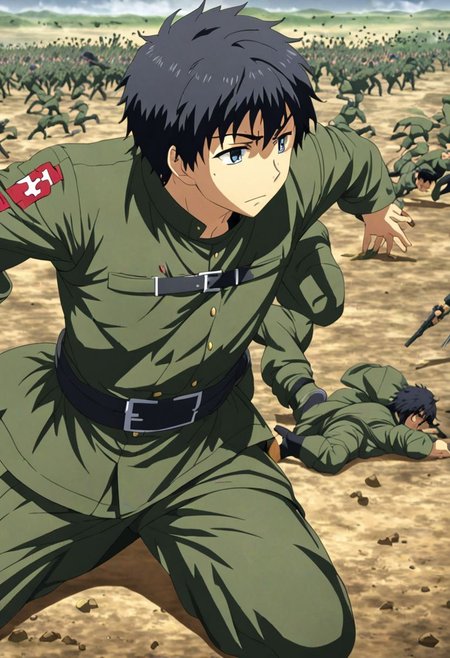 high resolution, solo, best quality, 1Boy, Arata Kaizaki, Black Hair, military, battlefield, OverallDetail
