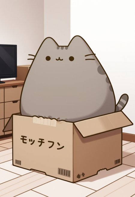 masterpiece,best quality,amazing quality,absurdres, Pusheen, inside a box, cardboard box, living room,