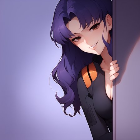 score_9, score_8_up, score_7_up, score_6_up, source_anime, peeking out, upper body, misato katsuragi, seductive, beautiful <lora:midori_eva_alpha:1> black bodysuit, purple hair, brown eyes, 
 <lora:PeekingOut_pdxl_Incrs_v1:.5> hiding behind wall, parted lips, beautiful, smug, simple background, cleavage, collarbone
