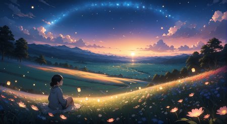 (masterpiece, top quality, best quality, official art, beautiful and aesthetic:1.2)
1girl, sitting on grass, looking at the sky in the distance, night, nighttime sky, lantern lighting up immediate area, stars, end of sunset, colorful sky, peaceful, flower field , fireflies, highly detailed, detailed background, wide shot,   
highres, ultra high res, 4k, 8k, intricate detail, cinematic lighting, amazing quality, wallpaper <lora:aesthetic_anime_v1s:1.2>  <lora:fiasco_A1:1> <lora:add_details_xl:1.2>