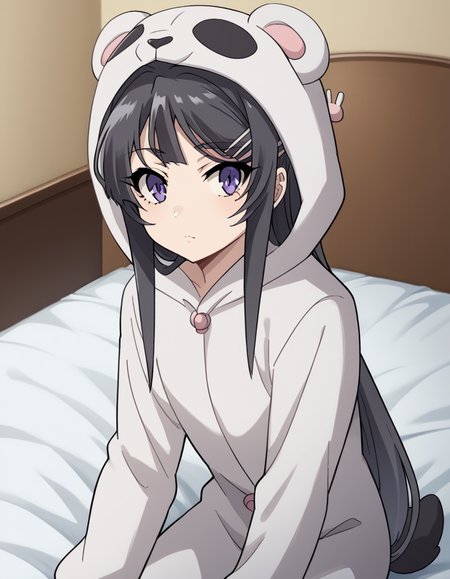 score_9, score_8_up, score_7_up, source_anime, maisakurajima, <lora:mai-sakurajima-s1-ponyxl-lora-nochekaiser:1> mai sakurajima, long hair, bangs, black hair, hair ornament, purple eyes, hairclip, rabbit hair ornament,, <lora:kigurumi-ponyxl-lora-nochekaiser:1>, kigurumi, animal hood, animal costume, cosplay, rabbit costume, dragon costume, bear costume, dinosaur costume, sheep costume, cat costume, dog costume, panda costume, tiger costume,, indoors, bed, bed room, sitting, , looking at viewer, solo, cowboy shot, dutch angle