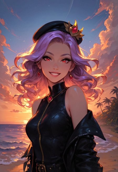 score_9, score_8_up, score_7_up, cute, faded bright colours, ultra detailed, dynamic sunlights, dynamic shades, one cute girl, cute Brazilian woman, backyard, black leather jacket, beret, laughing, delighted, slender, light purple hair, curly hair, shiny-red eyes, smile, bare shoulder, black leather jacket, looking at viewer, sunset, beach boardwalk, dynamic pose, high angle shot..
In the dimly lit chamber, the enchantress' eyes sparkled with a tantalizing promise, their depths shimmering like twin stars. Her gaze, intense and mesmerizing, held the power to captivate and ensnare. The soft glow of the firelight played across her delicate features, highlighting the allure of her enigmatic smile. Draped in flowing, ethereal robes that clung to her graceful form, she moved with a fluid elegance that seemed almost otherworldly. Each glance she cast was a silent invitation, filled with the unspoken allure of secrets and desires yet to be revealed. The air around her thrummed with a subtle, magical energy, as if the very atmosphere responded to her presence. Those who met her gaze felt a magnetic pull, drawn into the spellbinding promise of her eyes, unable to look away.