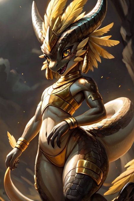Tilt-shift, ((full shot)),
dragon, (raptor:0.5) scalie, female, detailed black scales, detailed vivid scales, intricate iridescent scales, detailed face, detailed eyes, (big eyes:0.5), claws, fangs, (kobold:1.2), horns, ears, oiled up, glossy skin, green hands, (green chest), yellow eyes, horns, black skin, 
cute, young, (toned body:0.3), elegant, beautiful, bright eyes, expressive eyes, eyelashes, feminine, thick thighs, slim body, cute-fine-face,
round head, cute face, reflective eyes, 
open mouth, smile, shiny, sharp teeth,
moving pose, side view, low angle,
(big yellow feather headdress)), long yellow crest feathers, yellow feather ornaments,
iridescent gold, golden necklace, golden bracers, 
<lora:dragon:0.3>, 
<lora:Tangbohu Detail Tweaker:-0.1>,
<lora:nanachi:0.3>,
<lora:Velociraptor_Dino:0.3>,
<lora:GAME_Gerudo_riju_aiwaifu69:0.3>;
by ulitochka, by darkgem, by thesecretcave, by silverfox5213, by hioshiru, by carrot,
Volumetric lighting, Rim lighting,
noon, blue sky, waves, birds in the sky, cove, coast,
((on the beach, tropical sea, horizon, sunlight)),
(ambient light on the body), 
Ray tracing, concept art, highly detailed, ((masterpiece)), ((best quality))  cinematic composition, ultra realistic, (high detail:1.3), sharp focus