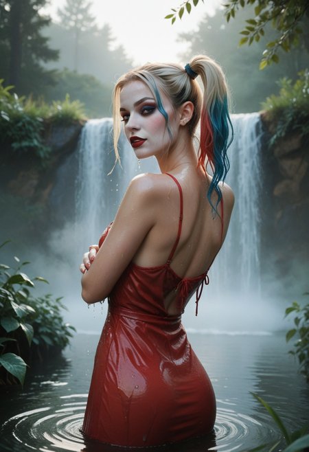 score_9, score_8_up, score_7_up,1girl,Harley Quinn sexy, upper body, back, looking at viewer, self-hugging, wet sexy dress, parted lips, in water, small water fountain, in the middle of the forest, fog, morning,