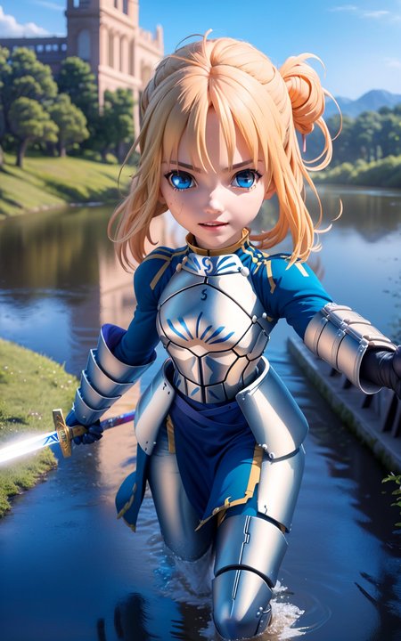 (masterpiece),(best quality),(ultra-detailed), (full body:1.2),1girl,chibi, artoria pendragon \(fate\), armor, dress, suit, ((running through a wide river)), (beautiful detailed face), (beautiful detailed eyes:1.12), (looking at viewer), <lora:blindbox_V1Mix:1>, <lora:ironcatlora1Artoria_v10:1>, reflection, excalibur \(fate/stay night\), (holding sword:1.1),  (from below),  <lora:theovercomer8sContrastFix_sd15:1>