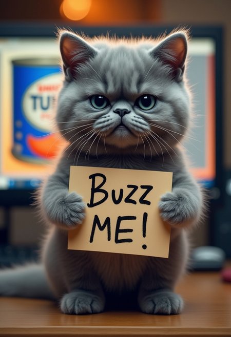 photo bokeh, blurred background
Grumpy gray british kitty standing up on 2 legs on a computer desk.  The computer screen has an ai created picture of a can of tuna fish.  He is holding a sign in his paws that says "Buzz ME!" written in sloppy child-like handwriting.